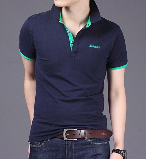 精棉萊卡高檔POLO衫定做，藏青色搭配薄荷綠款式圖