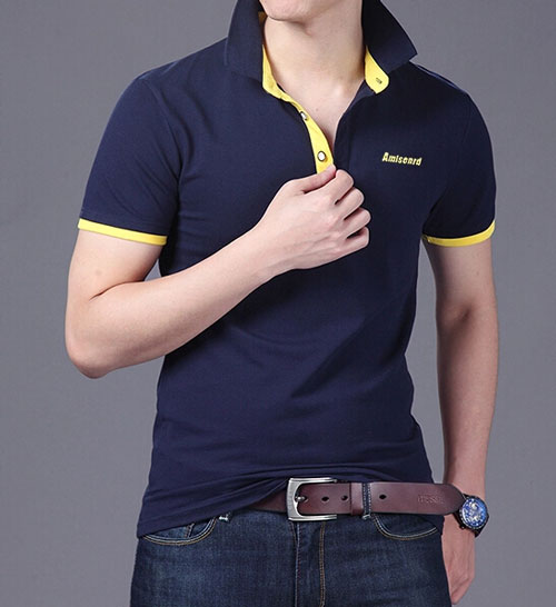 精棉萊卡高檔POLO衫定做，藏青色搭配黃色效果款式圖