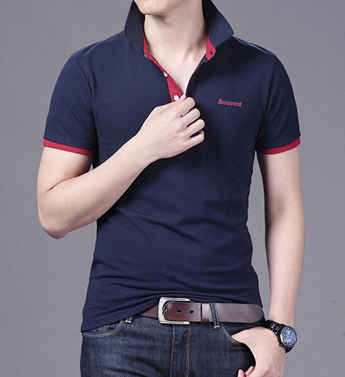 精棉萊卡高檔POLO衫定做，藏青色搭配暗紅色效果款式圖
