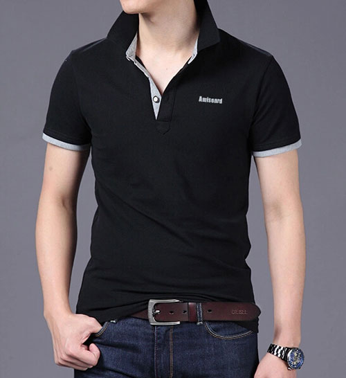 精棉萊卡高檔POLO衫定做，黑色搭配花灰色效果款式圖