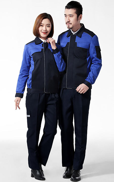工作服定做藍色搭配藏青色款式模特效果圖二