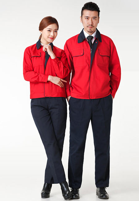紅色藍(lán)領(lǐng)長袖工作服定做款式價(jià)格