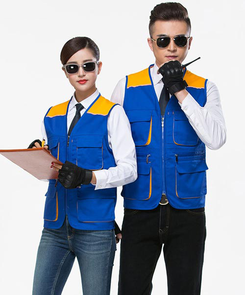 多口袋藍黃拼色款馬甲定做款式設(shè)計圖