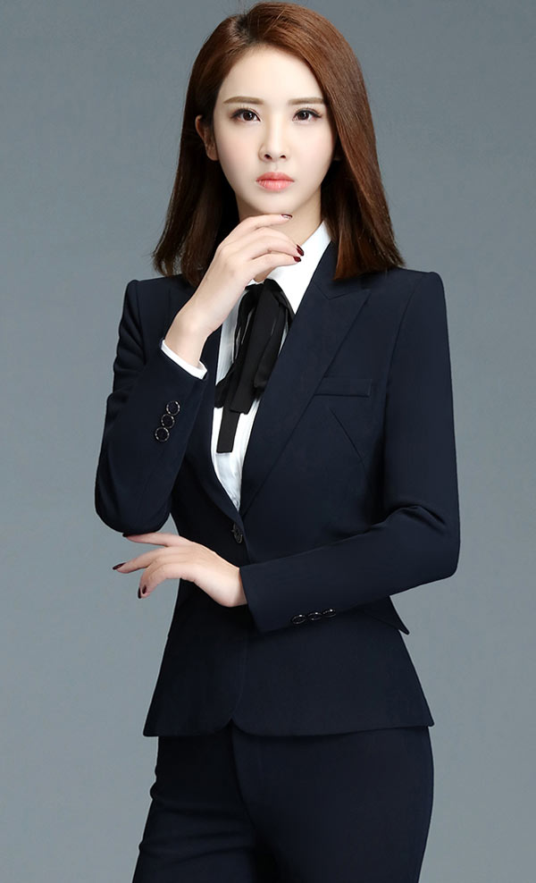 寶藍(lán)色女職業(yè)套裝定做正面款式特寫(xiě)圖片