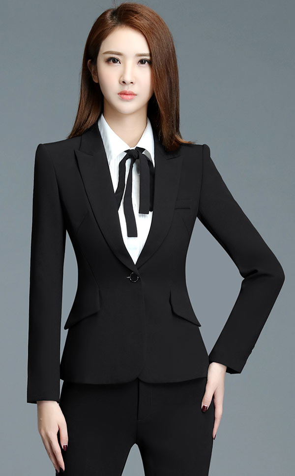 黑色女職業(yè)套裝定做正面款式特寫(xiě)圖片