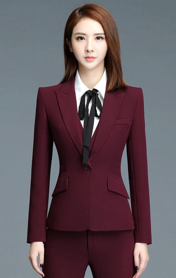 酒紅色時(shí)尚女職業(yè)西裝定制正面款式特寫(xiě)圖