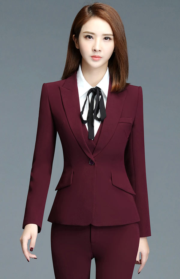 酒紅色時(shí)尚女職業(yè)西裝定制款式特寫(xiě)圖