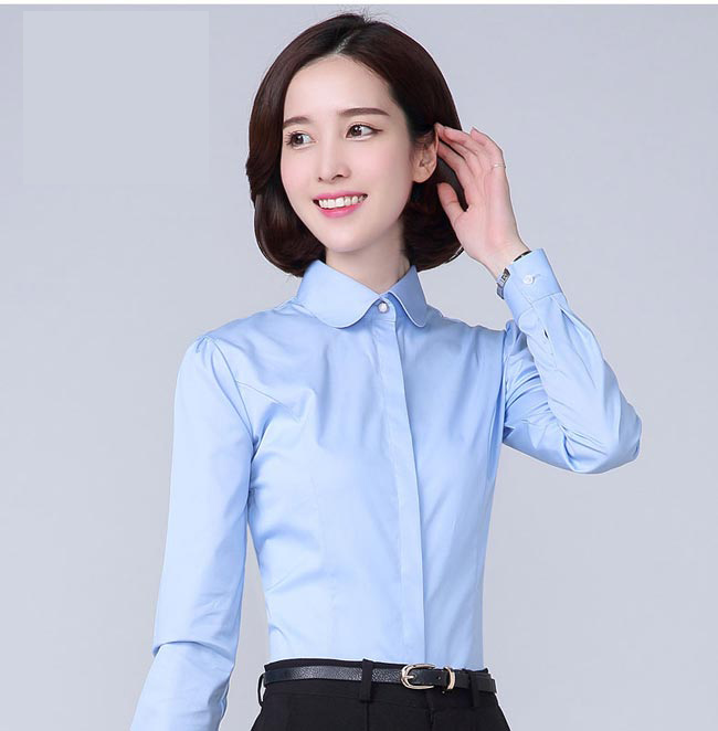 娃娃領(lǐng)長袖女襯衫訂做淺藍色款式圖