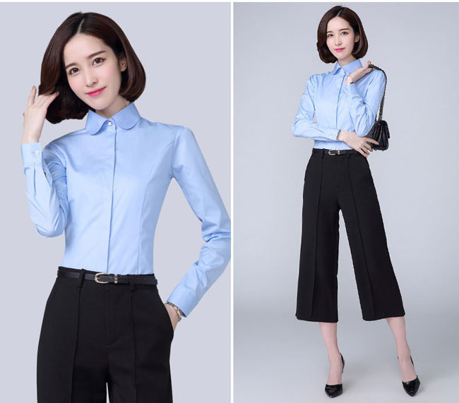 娃娃領(lǐng)長袖女襯衫訂做淺藍色款式圖二