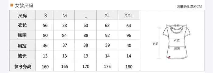 萊卡棉短袖圓領(lǐng)文化衫女士規(guī)格尺碼表