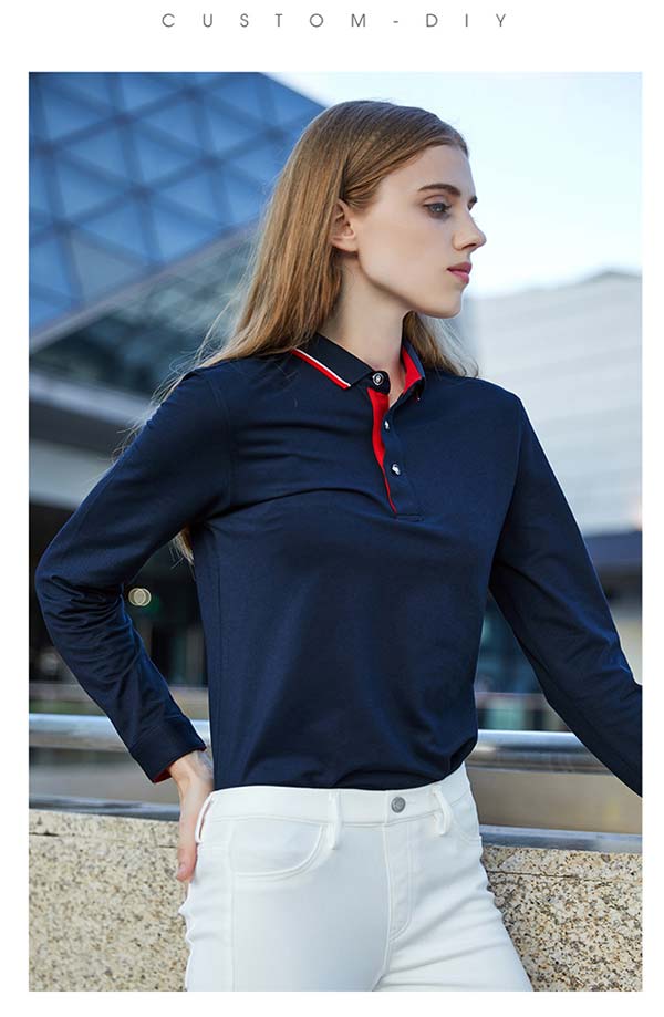 藏藍(lán)色長(zhǎng)袖T恤衫定做款式女模特效果展示圖