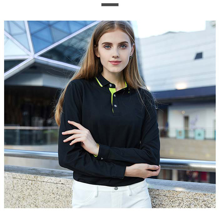 黑色長(zhǎng)袖翻領(lǐng)POLO衫定做款式女模特效果展示圖