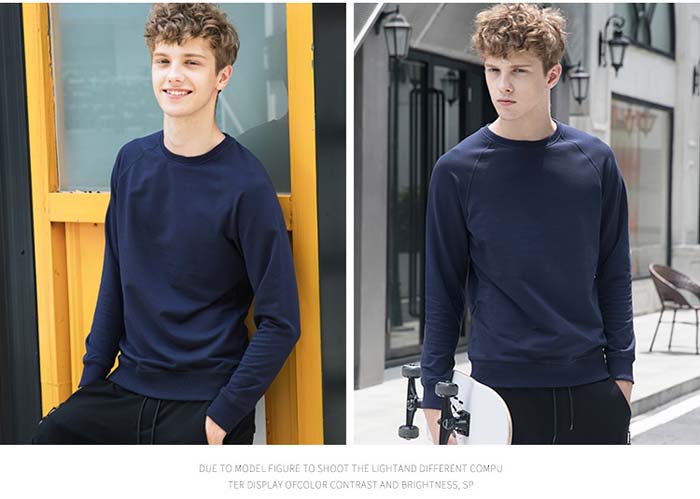 純色圓領(lǐng)線圈衛(wèi)衣定做模特實(shí)穿之藏青色前后效果展示圖