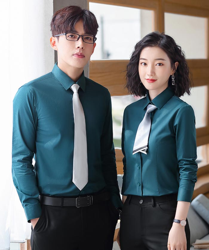 孔藍色款男女款職業(yè)襯衫定制批發(fā)模特效果展示圖