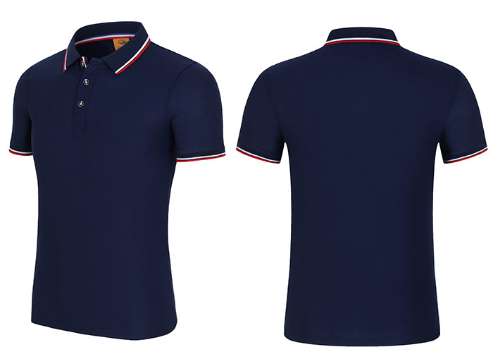 200克藏青色款CVC面料間條衣領(lǐng)配織帶門瞳短袖翻領(lǐng)T恤衫工衣立體款式圖