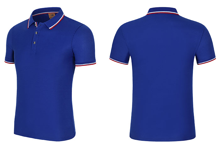 200克彩藍色款CVC面料間條衣領(lǐng)配織帶門瞳短袖POLO衫工作服立體款式圖